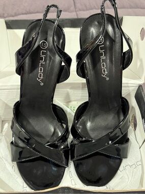 Unilady Beryl Black Patent Slingback Heels for Women 8.5